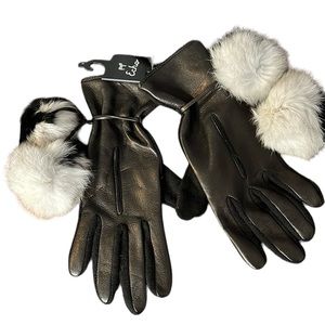 Echo Black Sheepskin Wool Cashmere Gloves Rabbit Fur Pom Poms